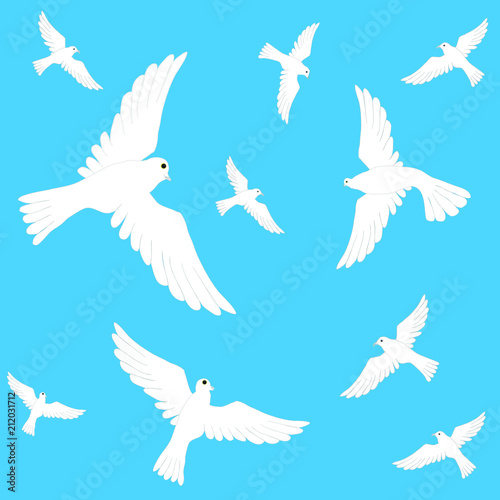 White pigeons on a blue background. You can apply for fabrics, paper.