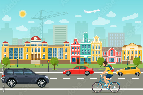 City life set with cars, road and buildings. City street panoramic. Vector flat style illustration