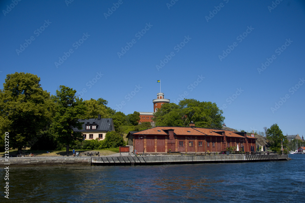 Castle and landmarks at Stockholm waterfront a summer day 