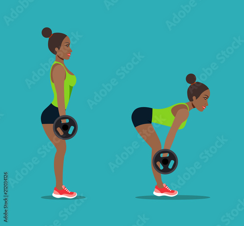 Afro american young woman doing deadlift exercise. Vector flat style isolated illustration