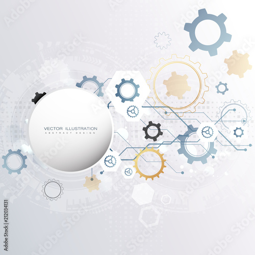 technology gear wheel colorful circuit board engineering various elements design tech on light background process copy space banner vector illustration