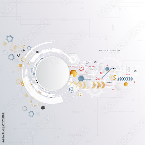 technology gear wheel colorful circuit board engineering various elements design tech on light background process copy space banner vector illustration