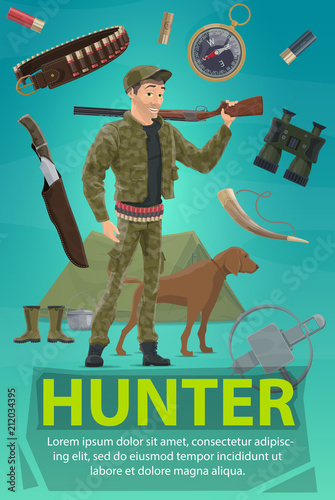 Hunter with rifle, dog, hunting equipment banner