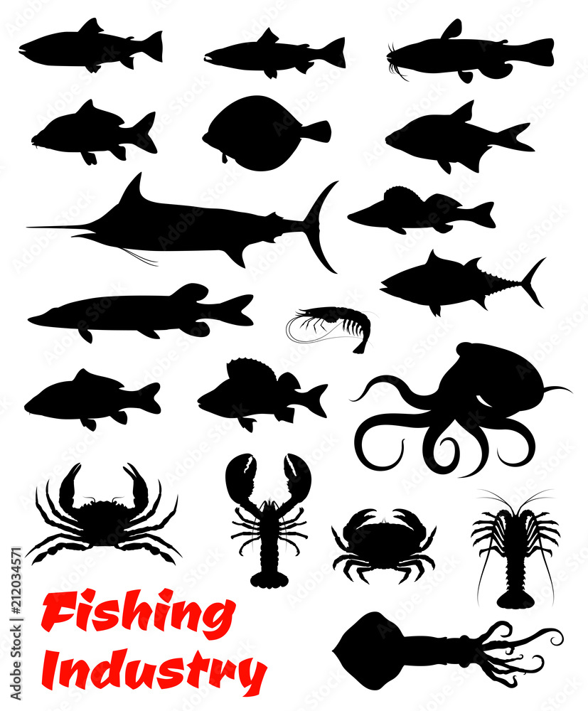 Fish and seafood black icon for fishing design Fish and seafood black icon for fishing design