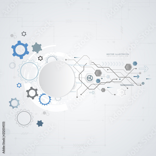 digital technology design blue gear wheel engineering various elements for content network business tech presentation on white background copy space vector illustration