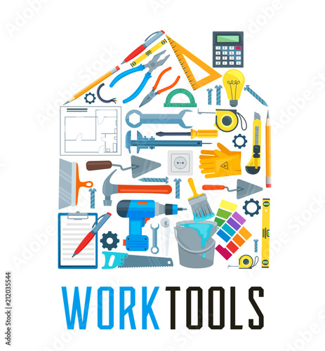 House with work tool icons for home repair design