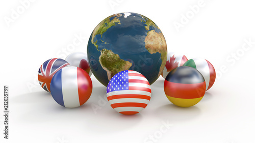 g7 country flags on spheres around the planet earth 3d illustration  photo