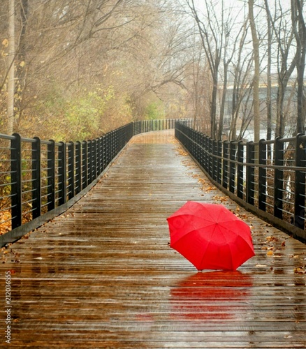 Fototapeta Naklejka Na Ścianę i Meble -  Red umbrella on the wood bridge