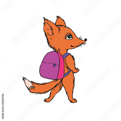 Red fox with school bag on shoulders, hand drawn doodle, sketch, vector color illustration