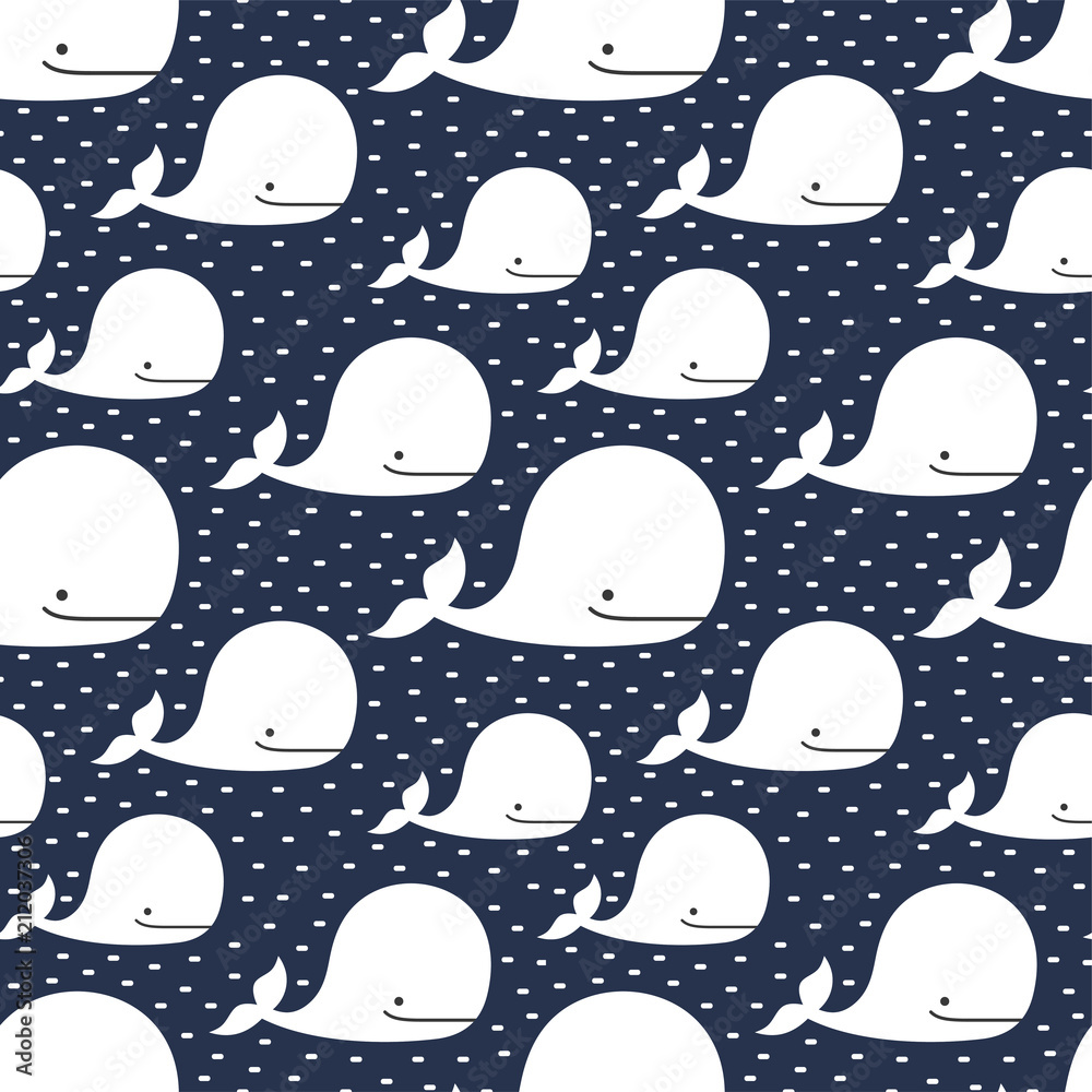 Obraz premium Whale Seamless Pattern, Cute Cartoon Background with Blue Wave