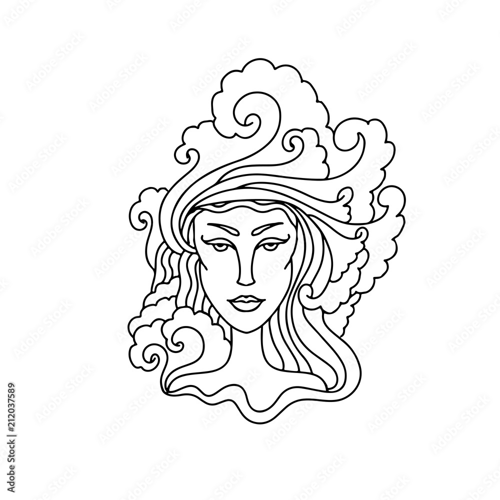 Aquarius girl portrait. Zodiac sign for adult coloring book. Simple black and white vector illustration.