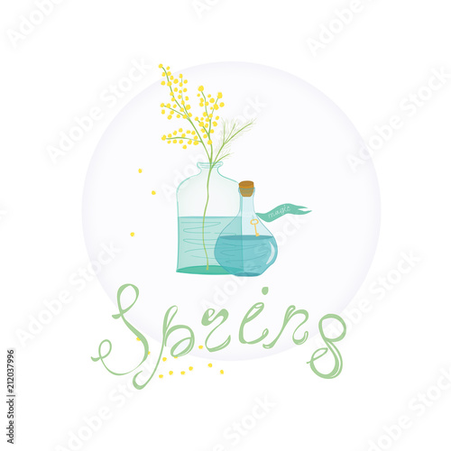 Magic spring. Still life with bouquet of Mimosa in bottle and magic potion. Spring mood illustration. Hand drawn. Flat style vector.