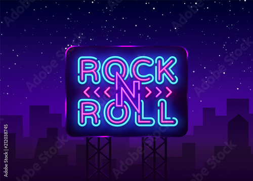 Rock and Roll logo in neon style. Rock Music neon night signboard, design template vector illustration for Rock Festival, Concert, Live music, Light banner. Vector illustration. Billboard