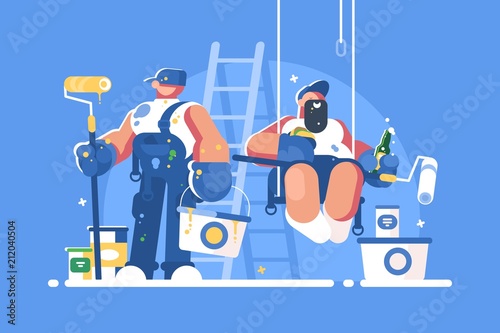Brigade of painters with buckets and rollers