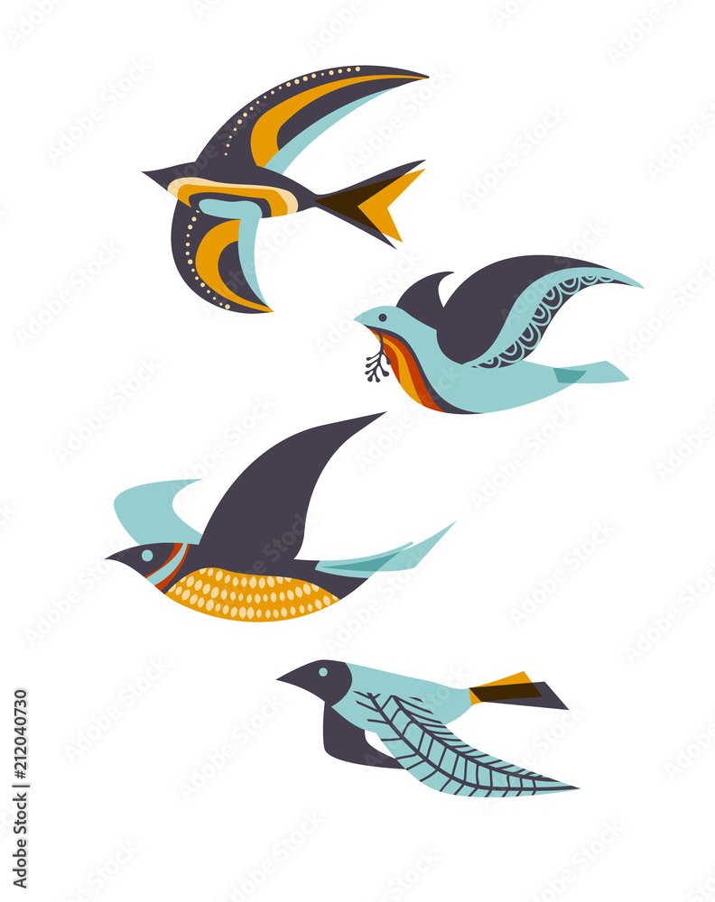 Obraz premium Flying birds, mid-century modern style, eps10 vector