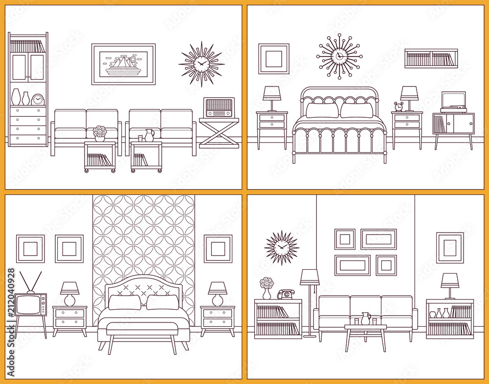 Room interiors. Vector. Linear living room and bedroom with furniture. Flat line art design house scene. Retro home illustration. Set outline sketch. Vintage style. Hotel background with bed and sofa