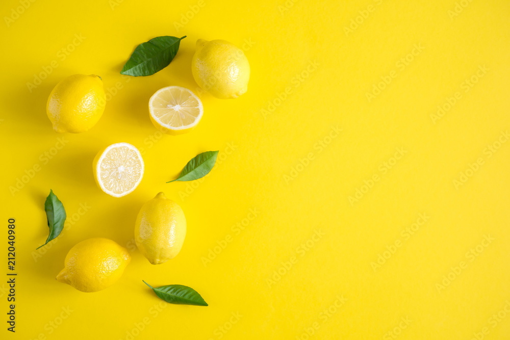 Yellow background. Lemon fruit. Flat lay, top view, copy space Yellow background. Lemon fruit. Flat lay, top view, copy space
