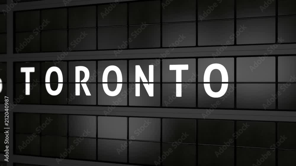 3D generated animation, analog flight information display board with the arrival city of Toronto, Canada