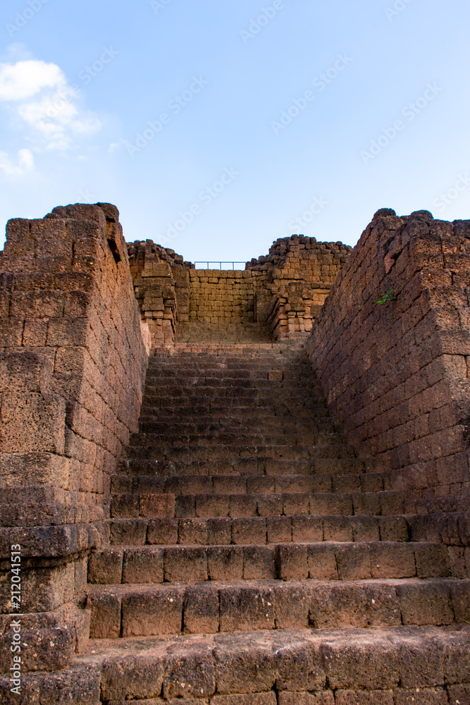 Stairs made of laterite bricks at Kao klang nok in Si Thep Historcal Park  Petchaboon , Tourist attractions in Thailand.