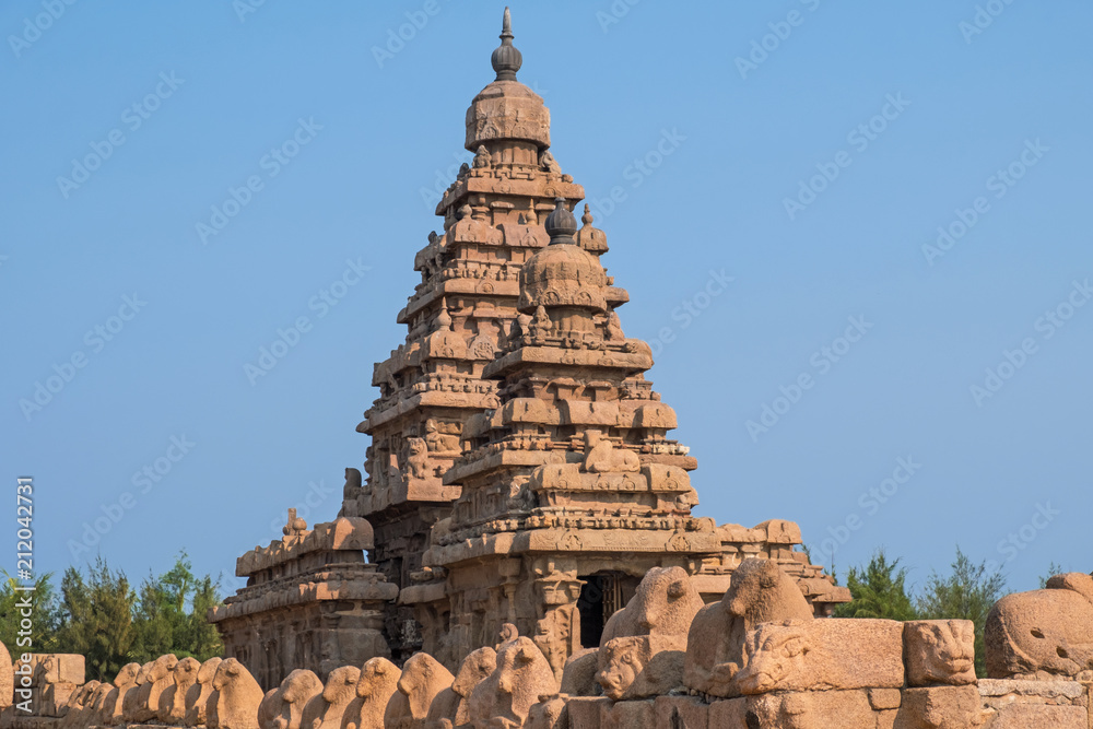 The Shore Temple  at Mamalapuram on the Coromandel coast of Tamil Nadu, built in the 8th century. The granite temple overlooks the Bay of Bengal and withstood the 2004 Tsunami