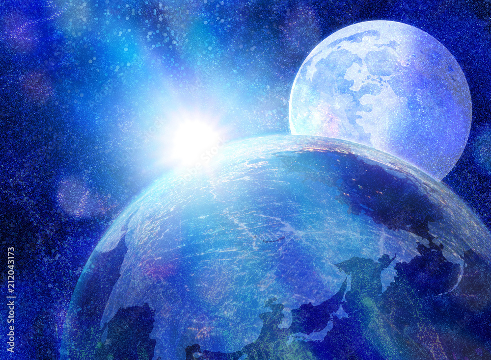 幻想的な月と太陽の宇宙イメージ 地球の夜明けstock Illustration Adobe Stock