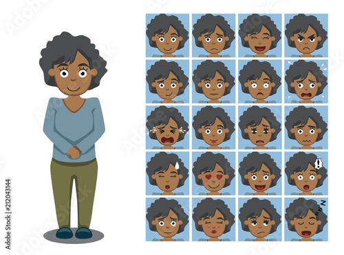African American Mom Cartoon Emotion faces Vector Illustration