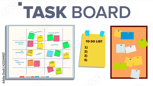 Task Board Set Vector. Sticker Notes. Scrum. Tasks For Team Work. Progress White Board. Isolated Illustration
