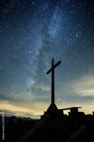 Summit cross at night on the Diedamskopf, starry sky with the Milky Way, Bregenz Forest, Vorarlberg, Austria, Europe