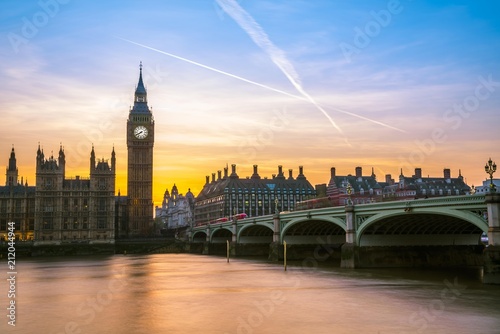 Big Ben, dusk, evening light, sunset, Houses of Parliament, Westminster Bridge, Thames, City of Westminster, London, London region, England, United Kingdom, Europe