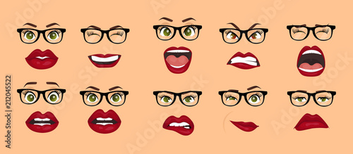 Comic emotions. Woman with glasses facial expressions, gestures, emotions happiness surprise disgust sadness rapture disappointment fear surprise joy smile despondency. Cartoon icons set isolated.