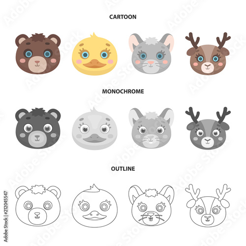 Bear, duck, mouse, deer. Animal muzzle set collection icons in cartoon,outline,monochrome style vector symbol stock illustration web.