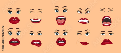 Comic emotions. Women facial expressions, gestures, emotions happiness surprise disgust sadness rapture disappointment fear surprise joy, smile cry coquetry cute mouth. Cartoon icons set isolated.