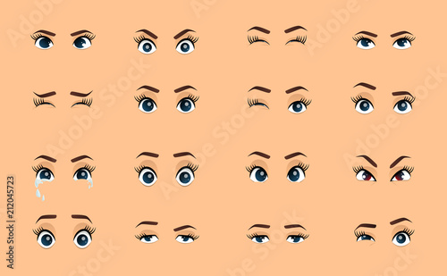 Cartoon female eyes. Colored vector closeup eyes. Female woman eyes and brows image collection set. Emotions eyes. Illustration