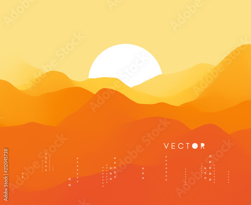 Landscape with mountains and sun. Sunset. Mountainous terrain. Abstract background. Vector illustration.