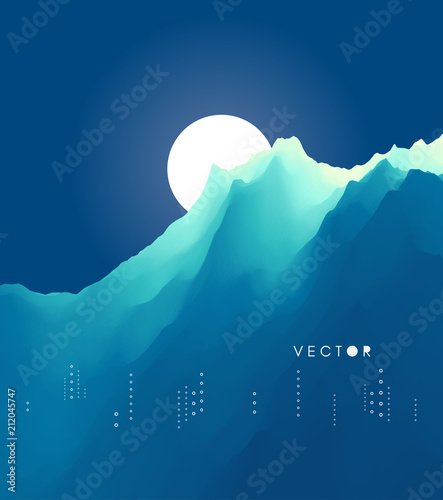 Landscape with mountains and moon. Mountainous terrain. Abstract background. Vector illustration. .
