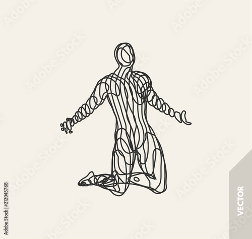 Man who prays. 3d model of man. Vector illustration. Wire connection to virtual reality.