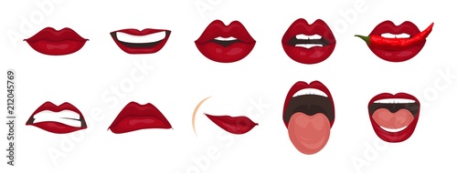 Cartoon icons set isolated. Cute mouth expressions facial gestures lips sadness rapture disappointment fear surprise joy smile cry despondency coquetry cute mouth. Isolated vector illustration