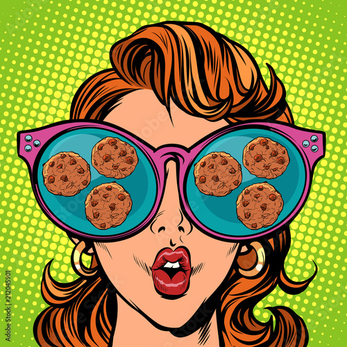 chocolate chip cookies. Woman reflection in glasses
