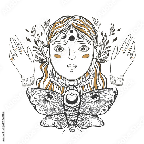 Beautiful young teenage girl  face foreground. Vintage sketch style of drawing. Sketch for tattoo  isolated print on t-shirt. Magical  mystical  ethnic style.