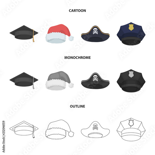 Graduate, santa, police, pirate. Hats set collection icons in cartoon,outline,monochrome style vector symbol stock illustration web.
