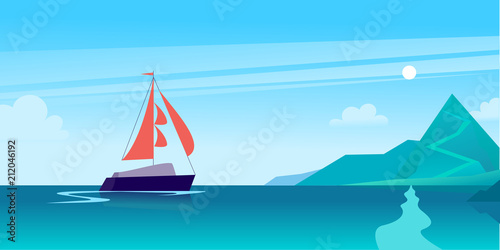 Vector flat summer landscape illustration with ship sailing across the ocean towards coast with mountains on blue clouded sky. Perfect for sea tours & travel poster, placard, flayer, leaflet, banners.