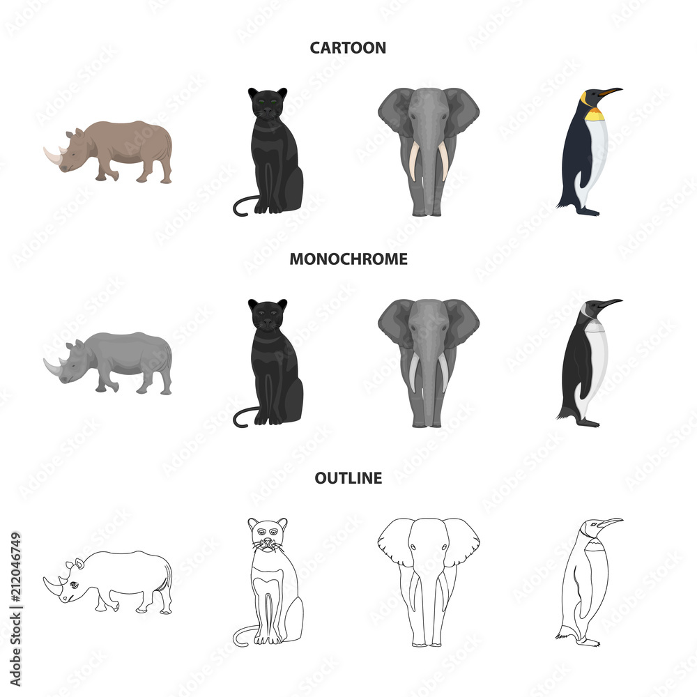 Black rhinoceros, panther wild cat, African animal elephant, imperial  penguin. Wild animals set collection icons in cartoon,outline,monochrome  style vector symbol stock illustration web. Stock Vector | Adobe Stock