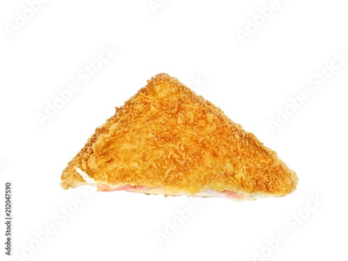 Homemade food, Closeup of a sandwich fried with Crab stick and mayonnaise isolated on white background.