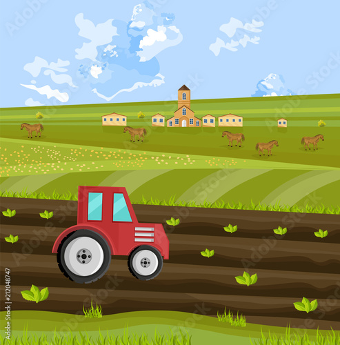 Tractor is processing the earth at the farm Vector