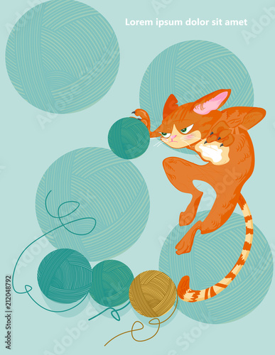 Cat and knitting ball Vector. Cartoon character funny illustrations