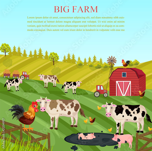 Cows and pigs animals at the farm Vector. summer green backgrounds