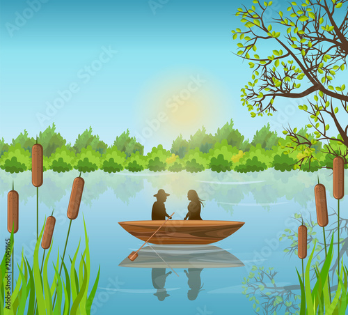 Romantic couple Lake background Vector illustrations