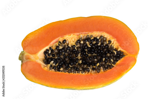Half cut of ripe papaya with black seed isolated on white background top view with clipping path, in healthy concept.