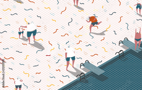 Man by swimming pool with lifeguard running