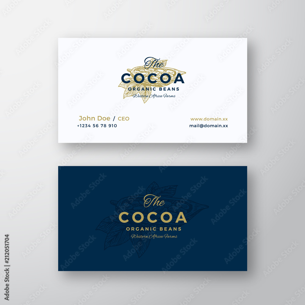 Cocoa Bean Farm Abstract Elegant Vector Sign or Logo and Business Card Template. Premium Stationary Realistic Mock Up. Modern Typography and Soft Shadows.